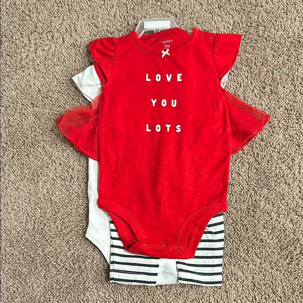 Carter's Red and White Bodysuit Set with Ruffled Sleeves and skirt/legging (3pc)
